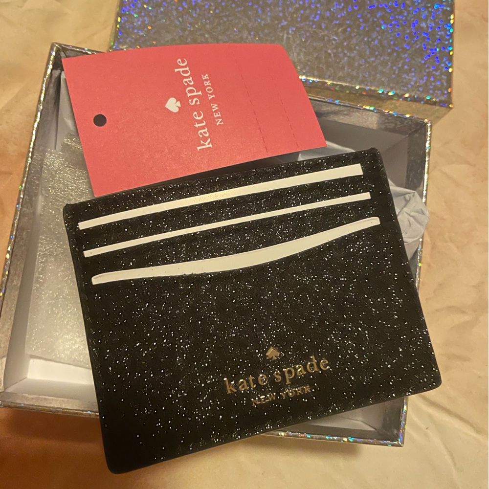 Kate Spade Black Glitter Card Holder BRAND NEW in Box with Tag
